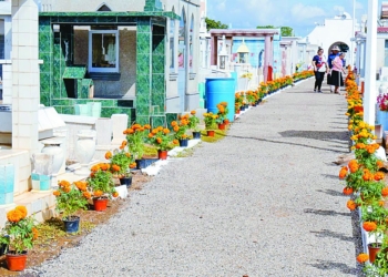 Iluminan el camino de los muertos en Panteón Central en Centro